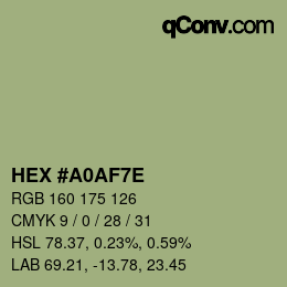 Color code: HEX #A0AF7E | qconv.com