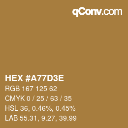 Color code: HEX #A77D3E | qconv.com
