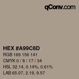 Color code: HEX #A99C8D | qconv.com