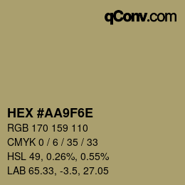 Color code: HEX #AA9F6E | qconv.com