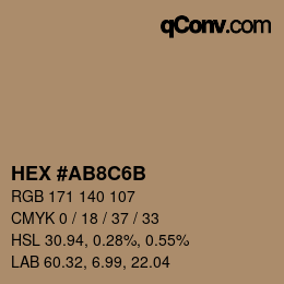 Color code: HEX #AB8C6B | qconv.com