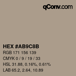 Color code: HEX #AB9C8B | qconv.com