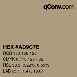 Color code: HEX #AD9C7E | qconv.com