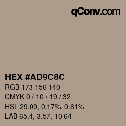 Color code: HEX #AD9C8C | qconv.com
