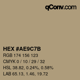 Color code: HEX #AE9C7B | qconv.com