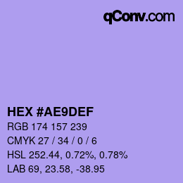 Color code: HEX #AE9DEF | qconv.com