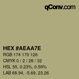 Color code: HEX #AEAA7E | qconv.com