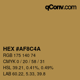 Color code: HEX #AF8C4A | qconv.com