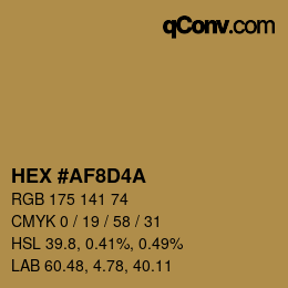 Color code: HEX #AF8D4A | qconv.com