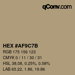 Color code: HEX #AF9C7B | qconv.com