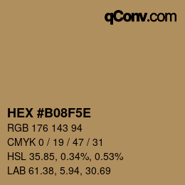 Color code: HEX #B08F5E | qconv.com