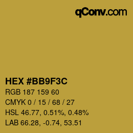 Color code: HEX #BB9F3C | qconv.com