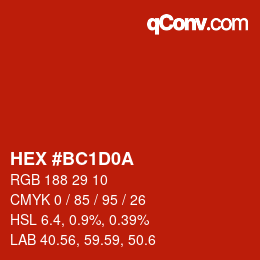 颜色代码: HEX #BC1D0A | qconv.com