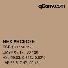 Color code: HEX #BC9C7E | qconv.com