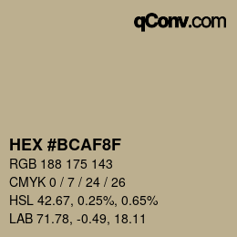 Color code: HEX #BCAF8F | qconv.com