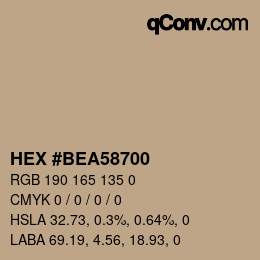 Color code: HEX #BEA58700 | qconv.com