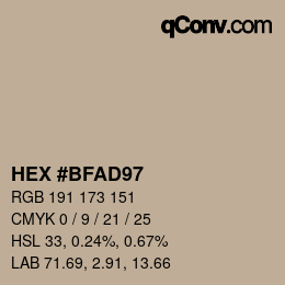颜色代码: HEX #BFAD97 | qconv.com