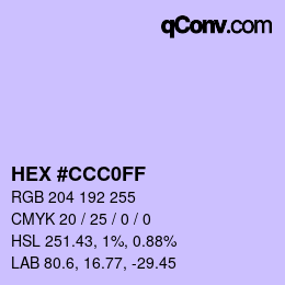 カラーコード: HEX #CCC0FF | qconv.com