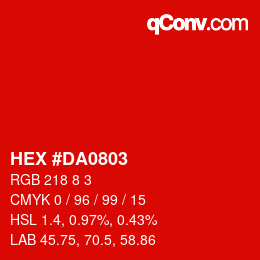 カラーコード: HEX #DA0803 | qconv.com