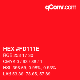 Farbcode: HEX #FD111E | qconv.com