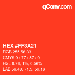 颜色代码: HEX #FF3A21 | qconv.com