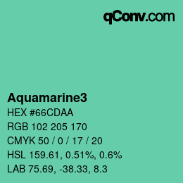 Nom de la couleur: Aquamarine3 HEX #66CDAA | qconv.com