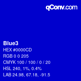 Nom de la couleur: Blue3 HEX #0000CD | qconv.com