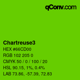 Nom de la couleur: Chartreuse3 HEX #66CD00 | qconv.com