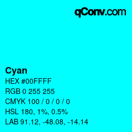 Nom de la couleur: Cyan HEX #00FFFF | qconv.com