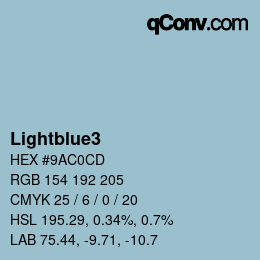 Nom de la couleur: Lightblue3 HEX #9AC0CD | qconv.com