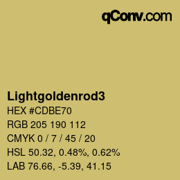 Nom de la couleur: Lightgoldenrod3 HEX #CDBE70 | qconv.com
