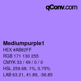 Nom de la couleur: Mediumpurple1 HEX #AB82FF | qconv.com