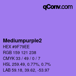 Nom de la couleur: Mediumpurple2 HEX #9F79EE | qconv.com