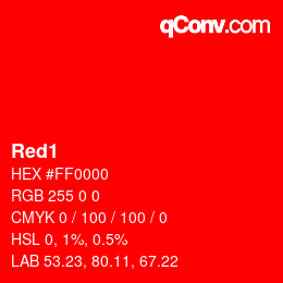 Nom de la couleur: Red1 HEX #FF0000 | qconv.com