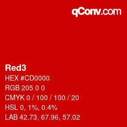 颜色名称: Red3 HEX #CD0000 | qconv.com