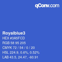 Nom de la couleur: Royalblue3 HEX #3A5FCD | qconv.com