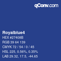 Nom de la couleur: Royalblue4 HEX #27408B | qconv.com