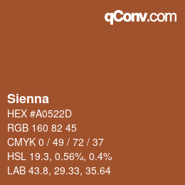 Nom de la couleur: Sienna HEX #A0522D | qconv.com