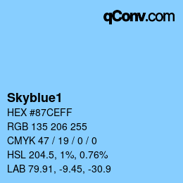 Nom de la couleur: Skyblue1 HEX #87CEFF | qconv.com