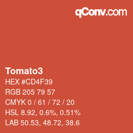 Nom de la couleur: Tomato3 HEX #CD4F39 | qconv.com