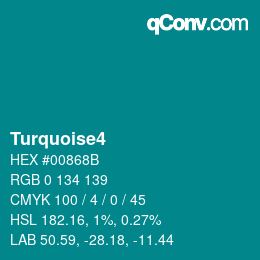 Nom de la couleur: Turquoise4 HEX #00868B | qconv.com