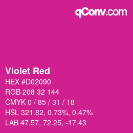 颜色名称: Violet Red HEX #D02090 | qconv.com