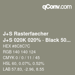 カラーコード: J+S Rasterfaecher - J+S 020K 020% · Black 50% | qconv.com