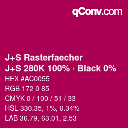 Farbcode: J+S Rasterfaecher - J+S 280K 100% · Black 0% | qconv.com