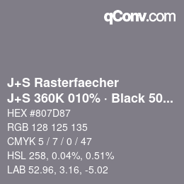 カラーコード: J+S Rasterfaecher - J+S 360K 010% · Black 50% | qconv.com