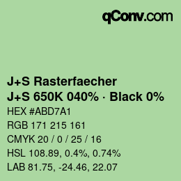 Farbcode: J+S Rasterfaecher - J+S 650K 040% · Black 0% | qconv.com
