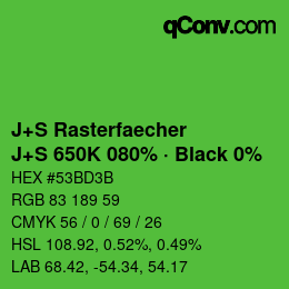 Farbcode: J+S Rasterfaecher - J+S 650K 080% · Black 0% | qconv.com