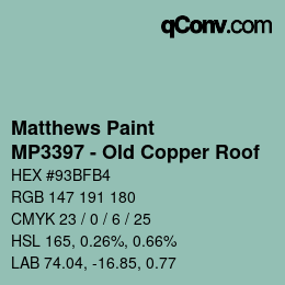 Color code: Matthews Paint - MP3397 - Old Copper Roof | qconv.com