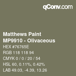 Color code: Matthews Paint - MP9910 - Olivaceous | qconv.com