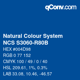 颜色代码: Natural Colour System<br>NCS S3060-R80B - Blau | qconv.com